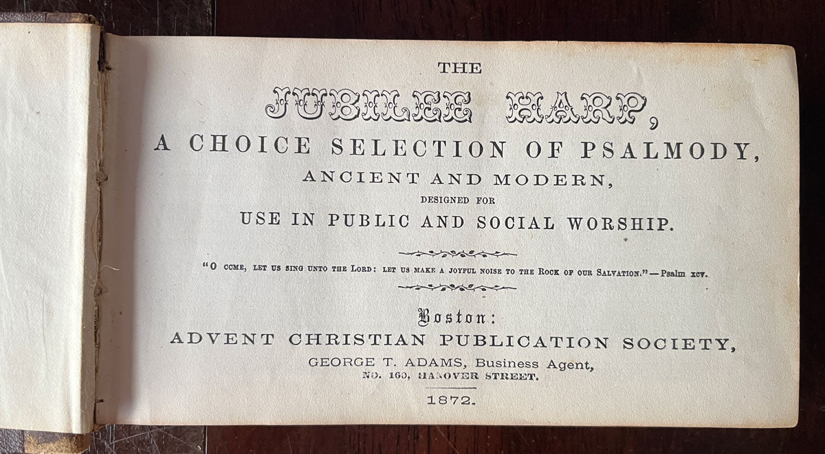 Title page of The Jubilee Harp published by the Advent Christian Publication Society in 1872.
