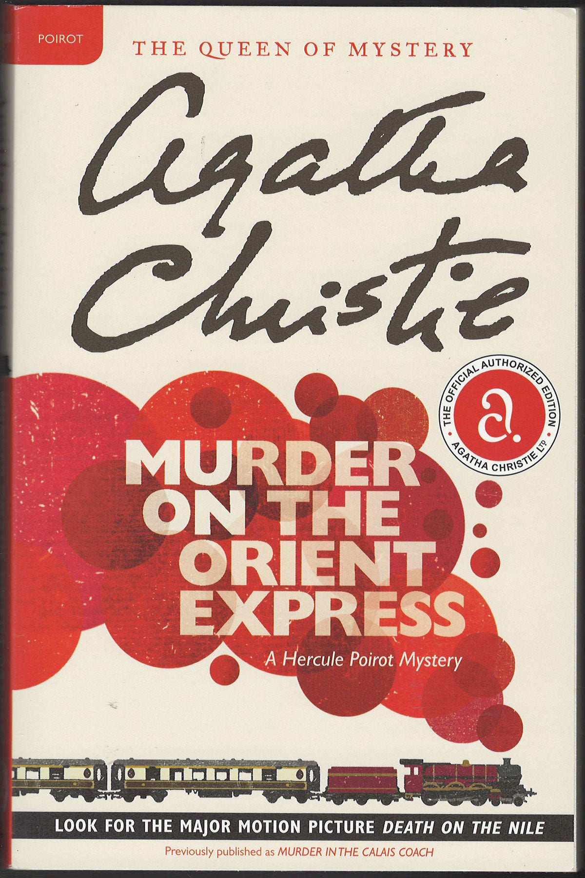 Front cover of Murder on the Orient Express by Agatha Christie with a red and white design.