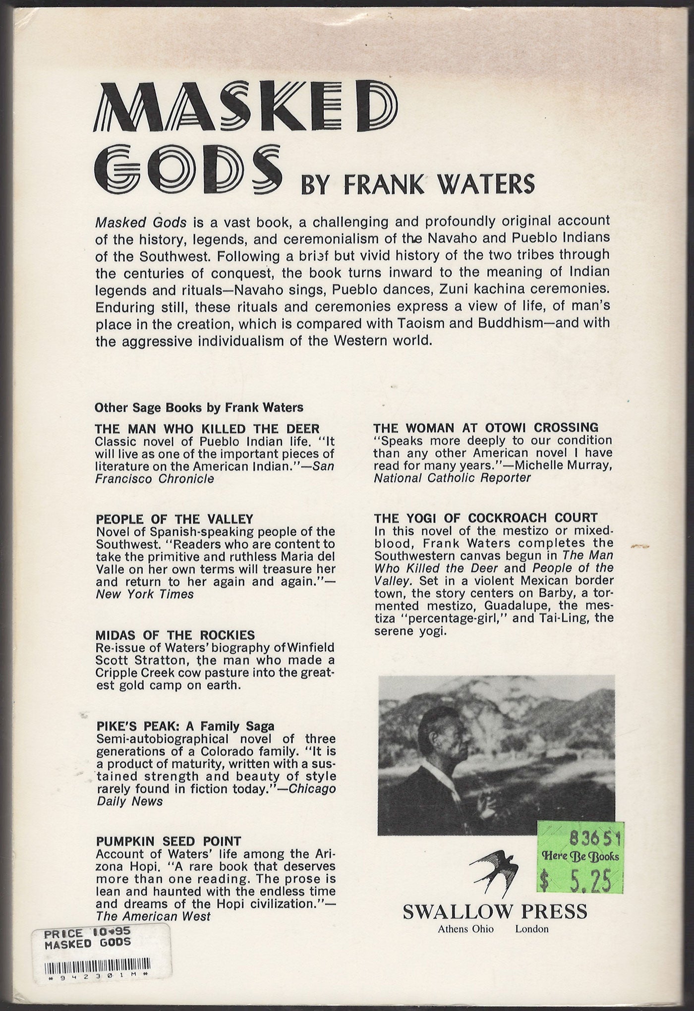 Masked Gods: Navaho & Pueblo Ceremonialism by Frank Waters back cover