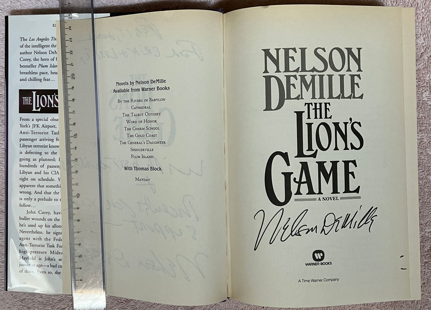 Lion's Game by Nelson DeMille signature on title page