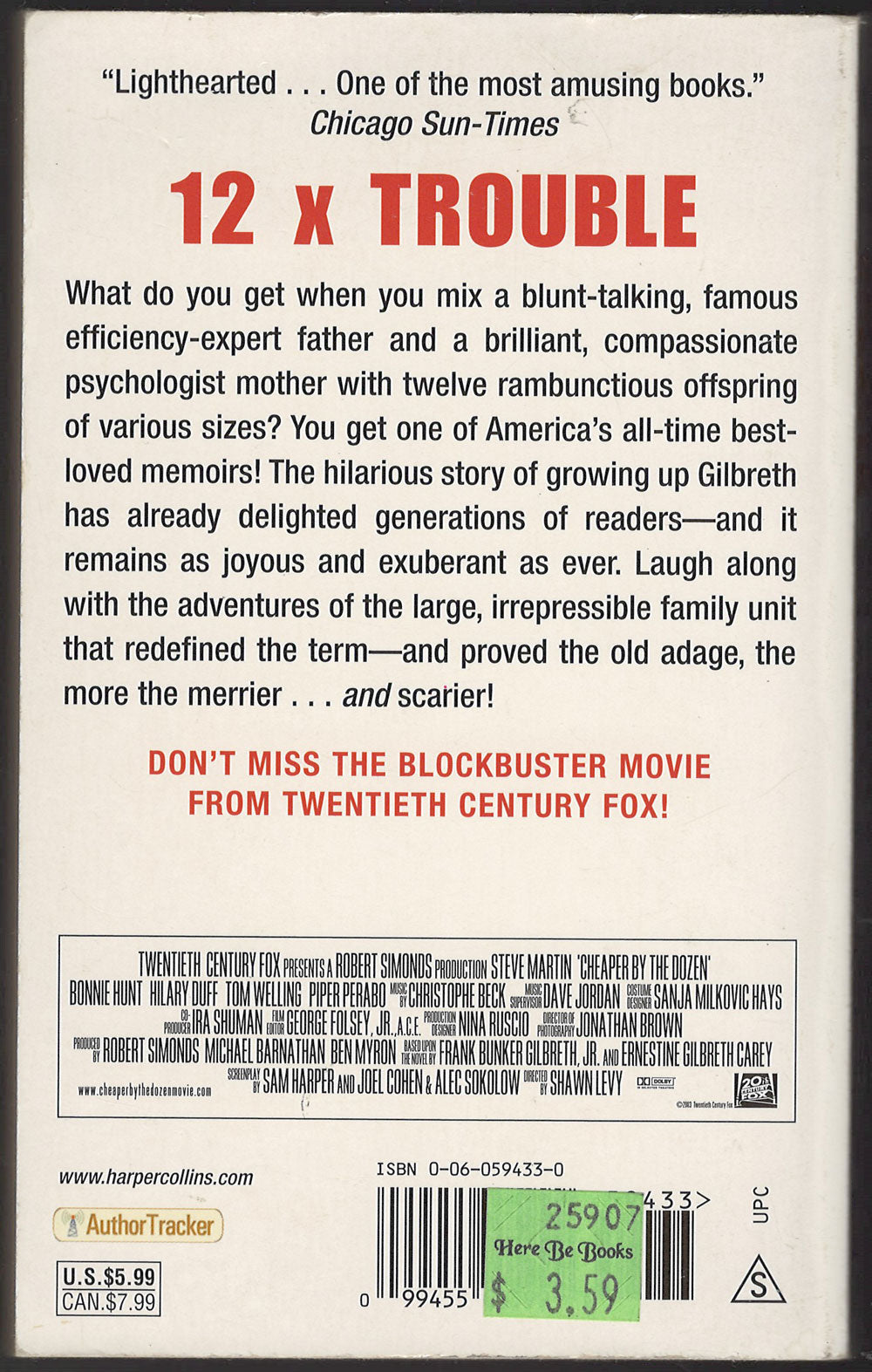 Cheaper by the Dozen by Frank B. Gilbreth, Jr. and Ernestine Gilbreth Carey back cover