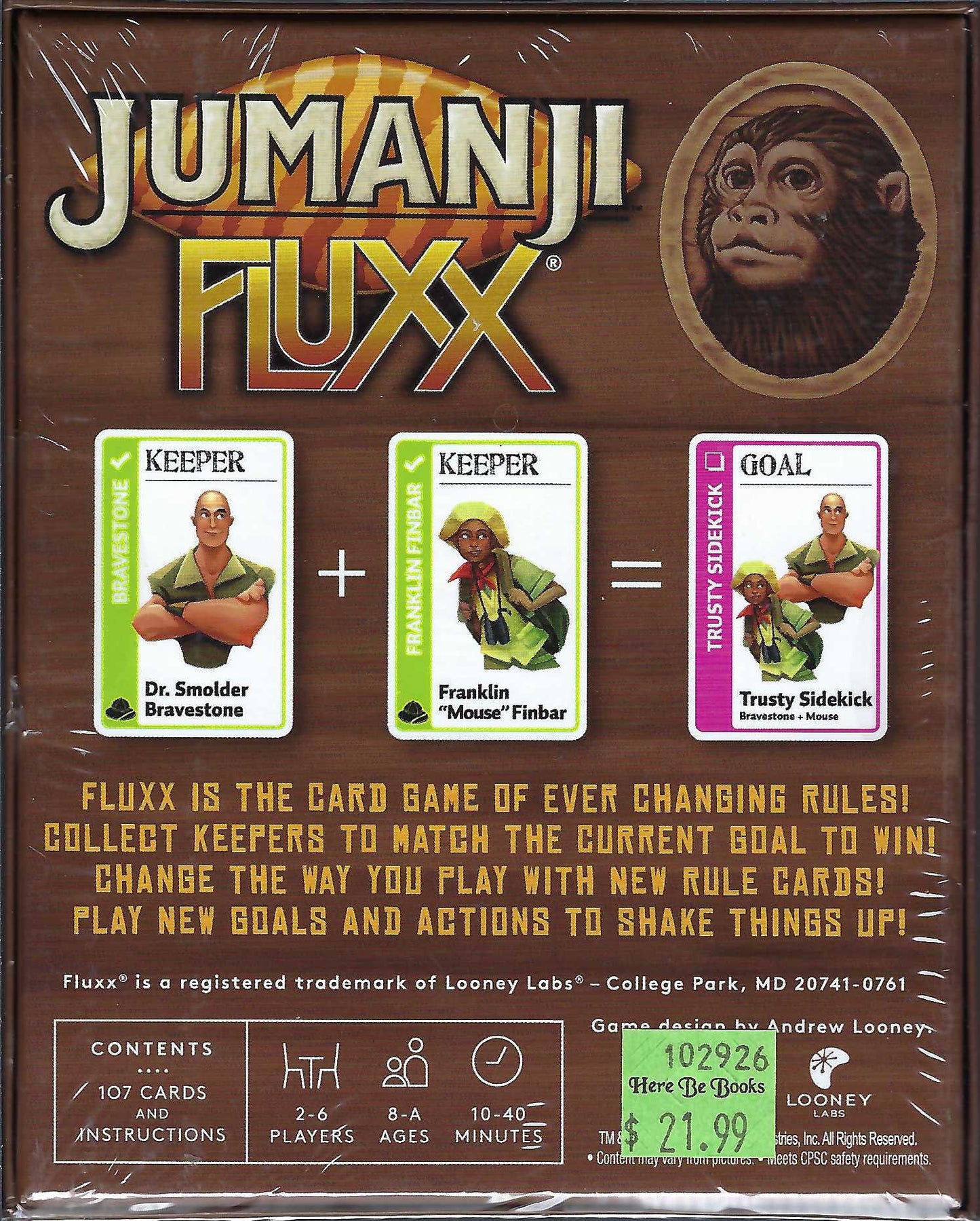 Jumanji Fluxx back of box with cards and monkey illustration