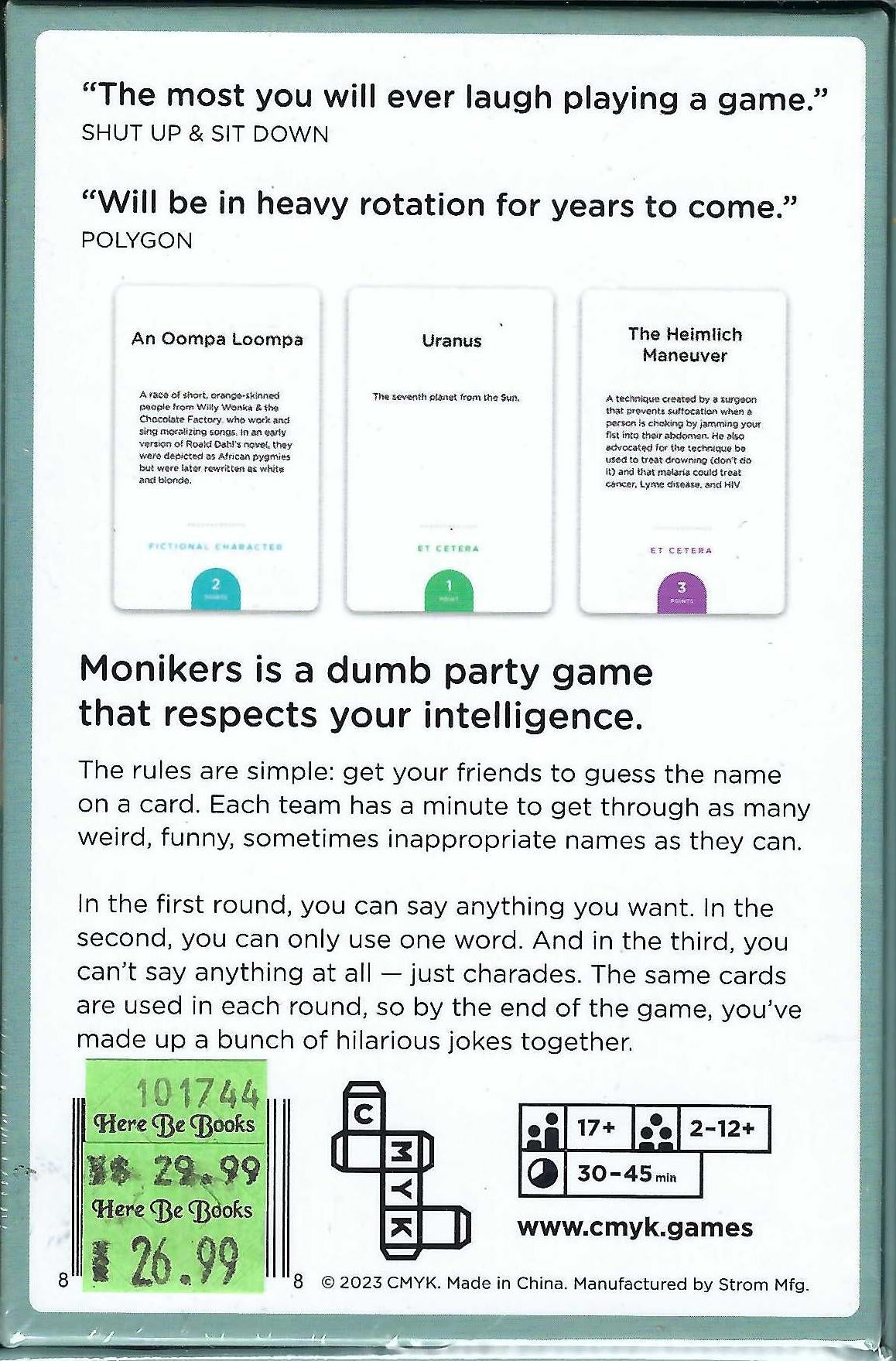Monikers back of box