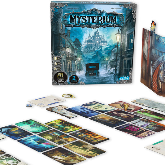 Mysterium board game with cards on a white background
