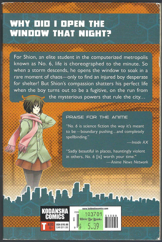 Back cover of No. 6 Volume 1 by Atsuko Asano featuring a dark teal header, orange textured background, and an anime illustration of a girl in a green coat and pink scarf.