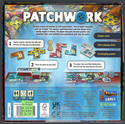 Back of the Patchwork board game box by Uwe Rosenberg, showing game components.