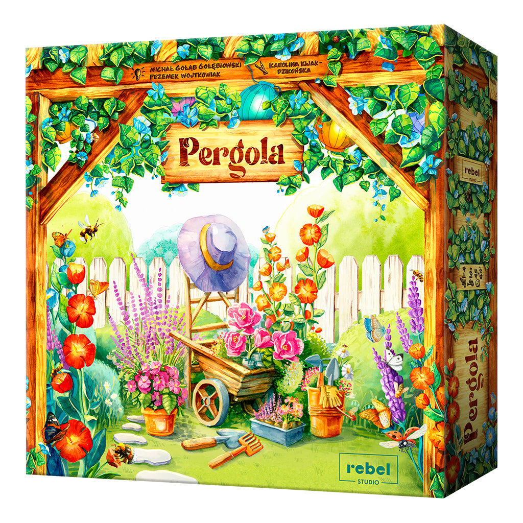 Board game box for 'Pergola' by rebel studio with garden-themed artwork.