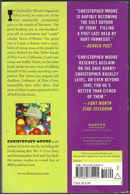 Back cover of Practical Demonkeeping by Christopher Moore, featuring a lime green left half with synopsis text and a purple right half with promotional quotes and a barcode.