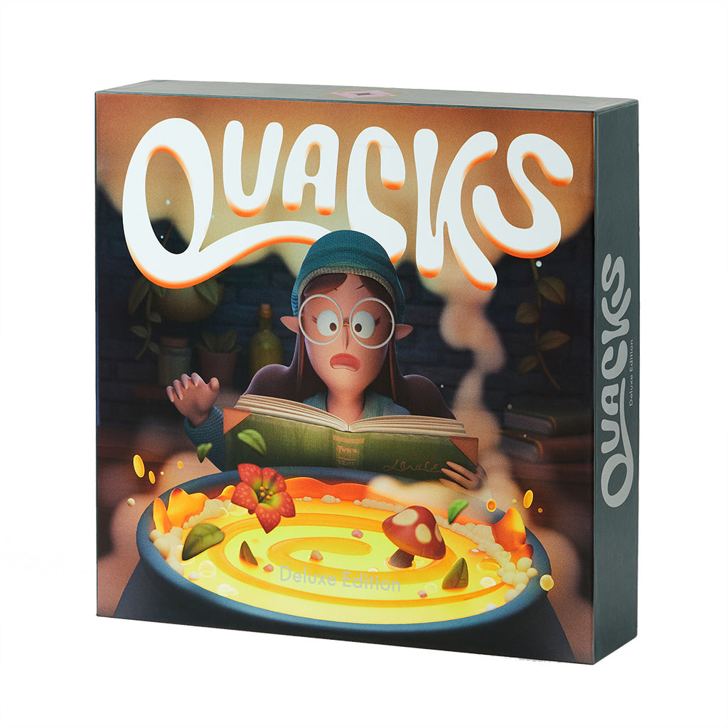 Quacks game box with a woman reading a book over a cauldron.