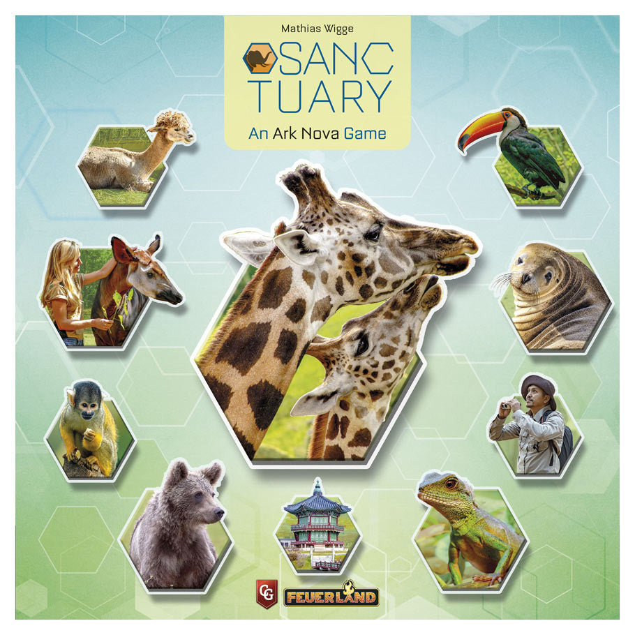 Game box for Sanctuary with animal illustrations and logos.
