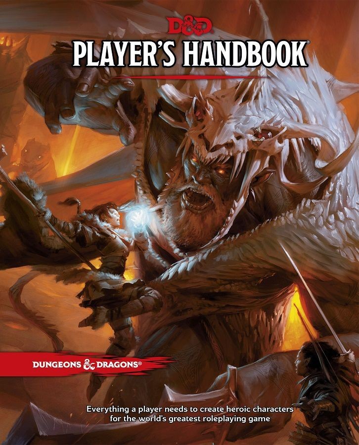 Front cover of the Dungeons & Dragons 5.0 Player's Handbook featuring an illustrated fantasy creature with a human character in the foreground engaging in combat.