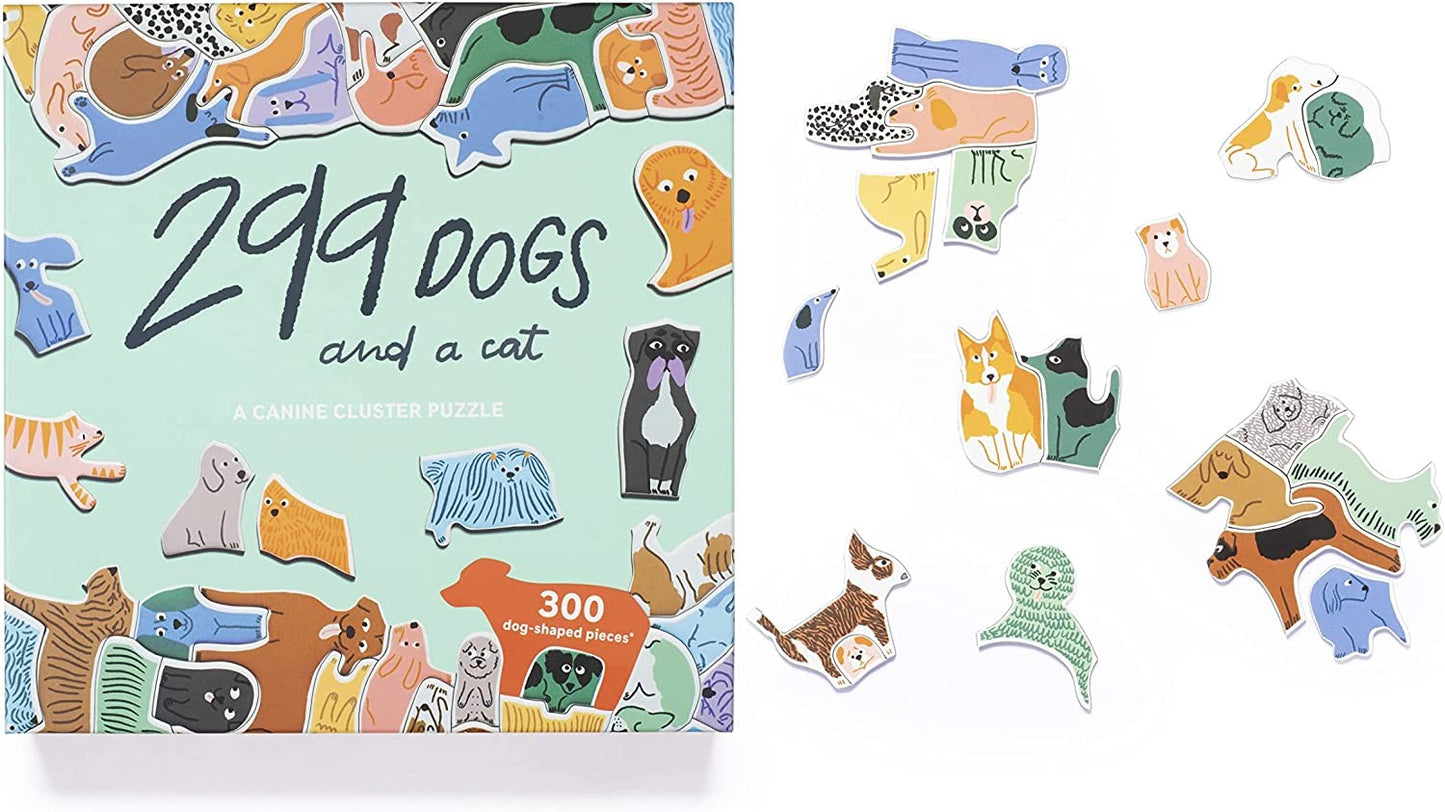 299 Dogs and a Cat 300 Piece Round Cluster Jigsaw Puzzle box and some pieces