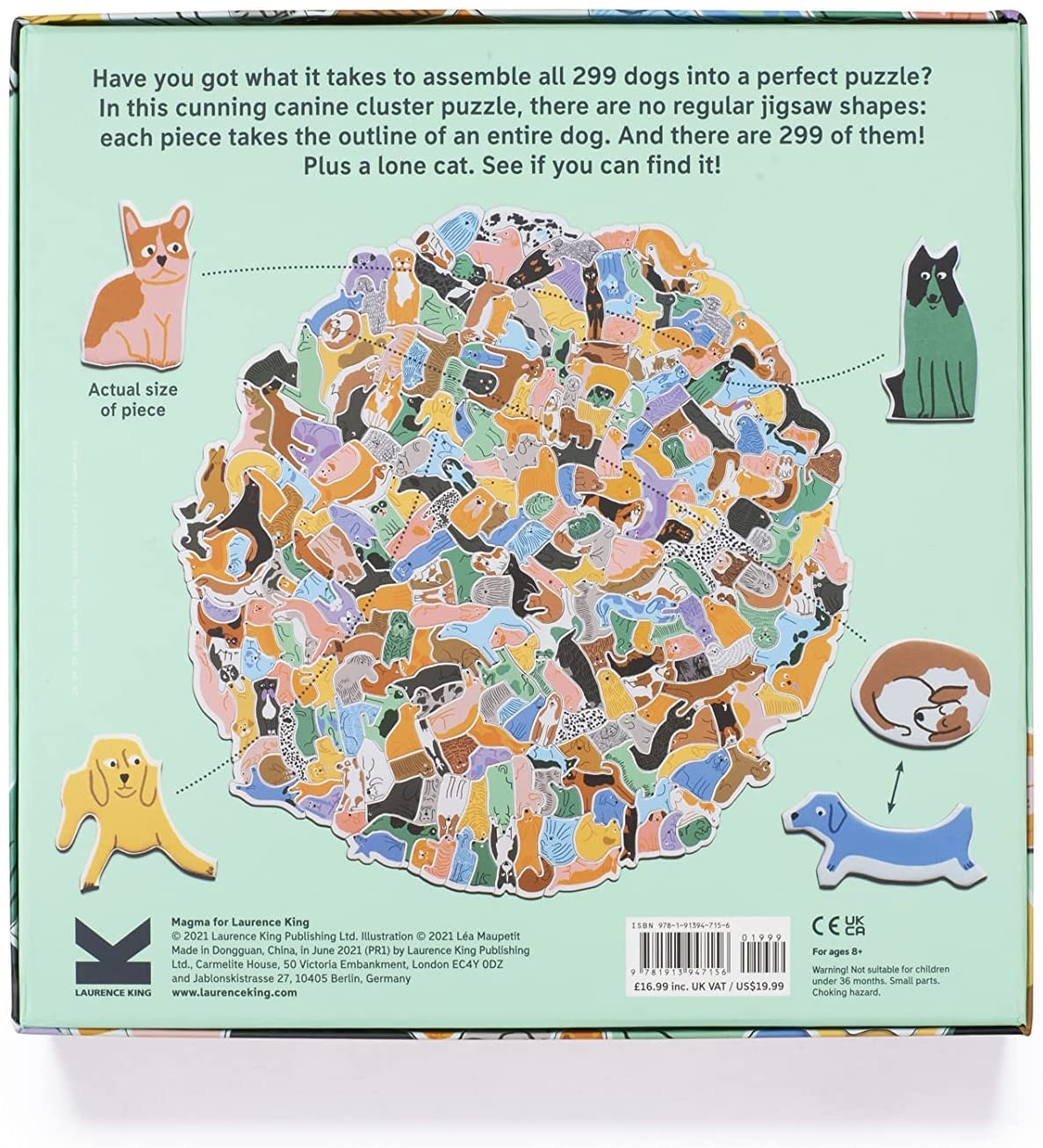 299 Dogs and a Cat 300 Piece Round Cluster Jigsaw Puzzle back of box