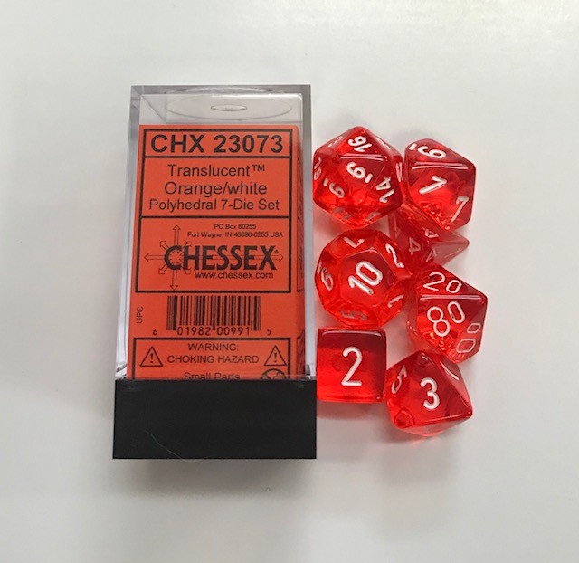 Polyhedral Dice Set: Translucent 7-Piece Set (box) - orange with white