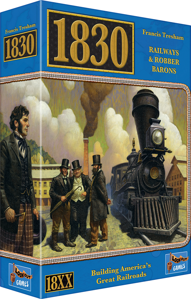 Board game box for 1830 Railways & Robber Barons featuring a steam locomotive and figures, with a blue border.
