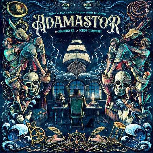 Front cover of Adamastor with ship, skeletons, and a person at a desk.