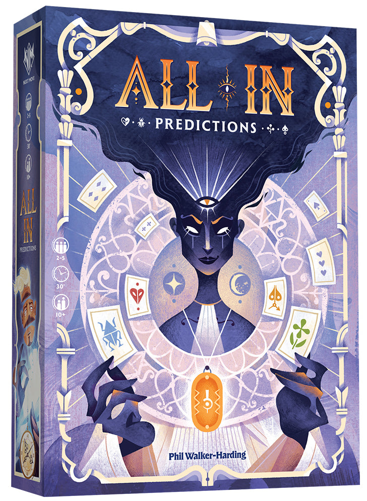 Game box for All In Predictions with a fortune teller surrounded by cards.