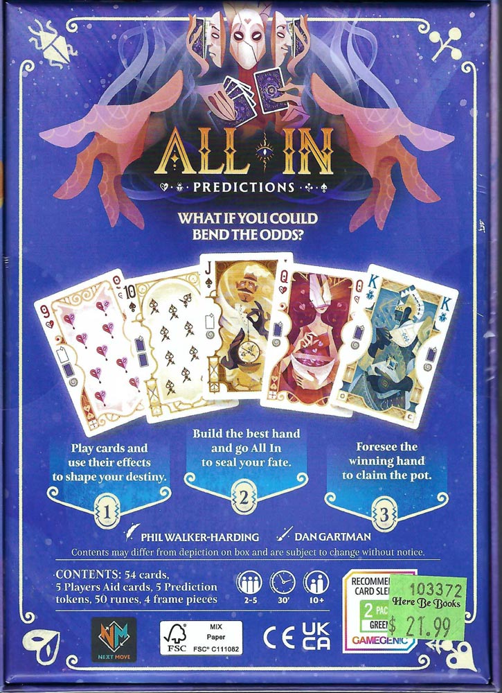 Back of All In Predictions game box  with playing card illustrations and text on a blue background.