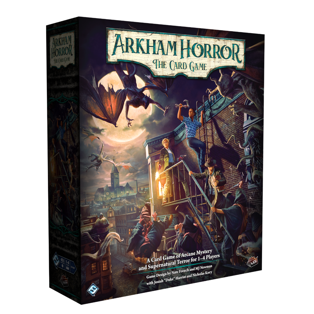 Arkham Horror: The Card Game Core Set game box with dramatic illustration of a city at night.