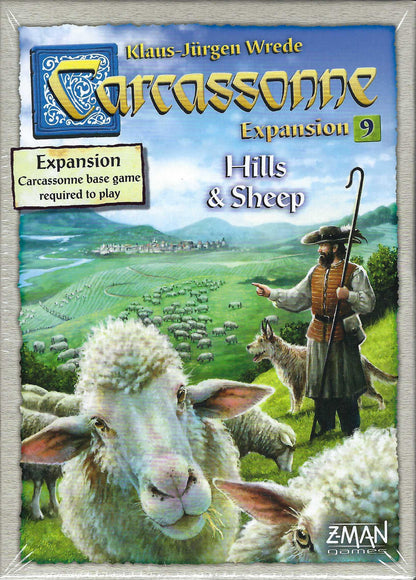 Carcassonne Expansion 9: Hills & Sheep game box with a shepherd and sheep illustration.