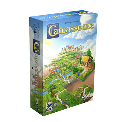 Carcassonne board game box with colorful pastoral illustration