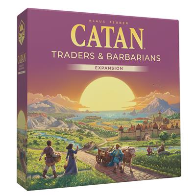 Catan: Traders & Barbarians box with a scenic illustration on a purple background.