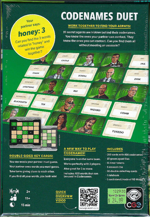 Back of Codenames Duet board game box with player cards.