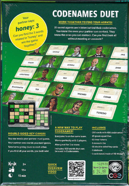 Back of Codenames Duet board game box with player cards.