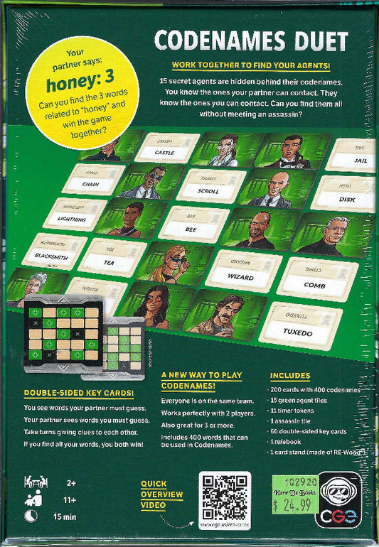 Back of Codenames Duet board game box with player cards.