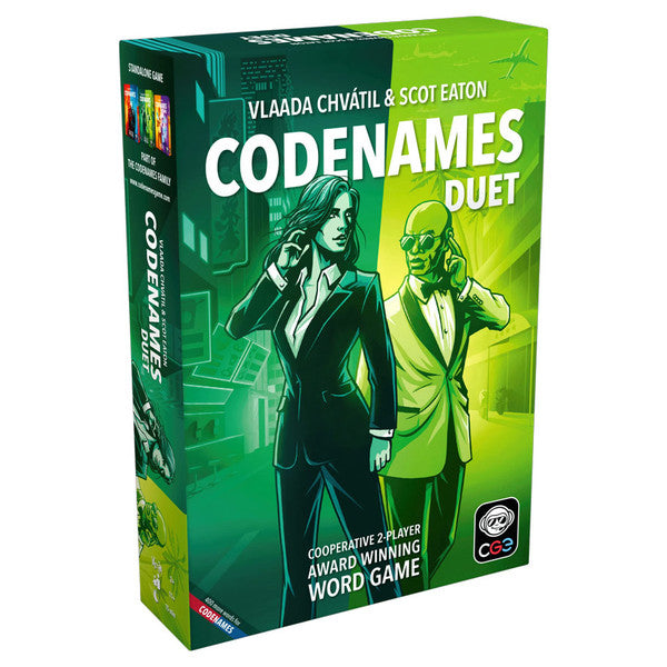 Codenames Duet game box with two characters on a green background