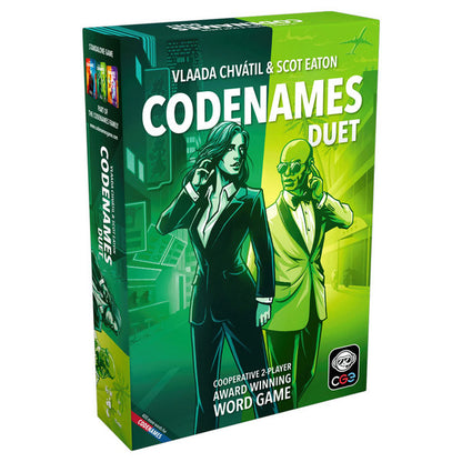 Codenames Duet game box with two characters on a green background