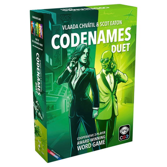 Codenames Duet game box with two characters on a green background