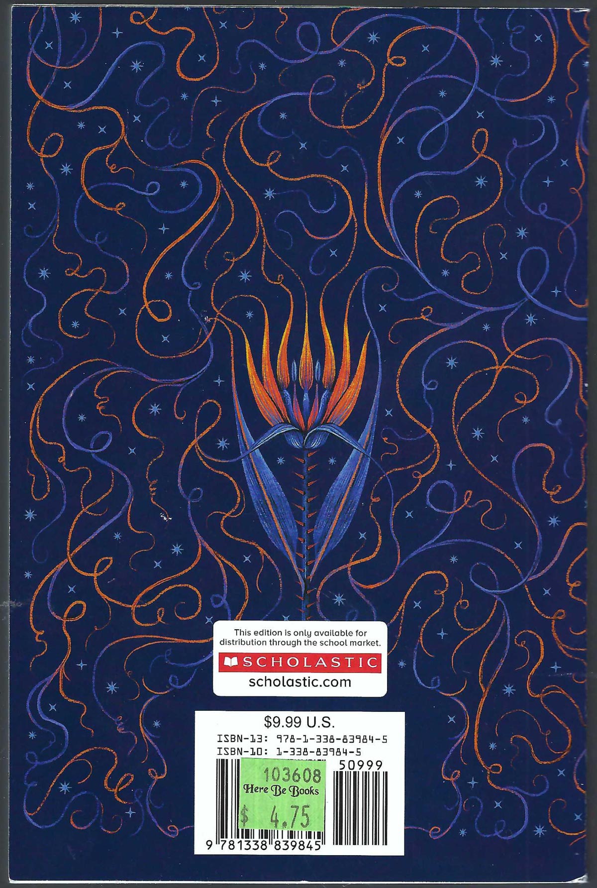 The Last Cuentista by Donna Barba Higuera back cover with decorative design and Scholastic logo