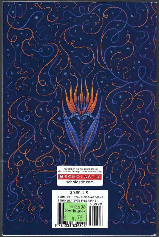 The Last Cuentista by Donna Barba Higuera back cover with decorative design and Scholastic logo