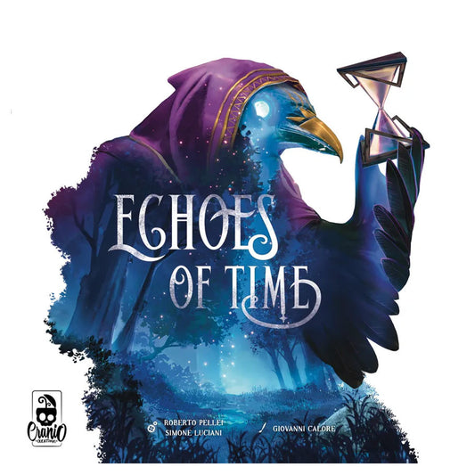 Box cover of Echoes of Time with a stylized bird and hourglass design on a white background.