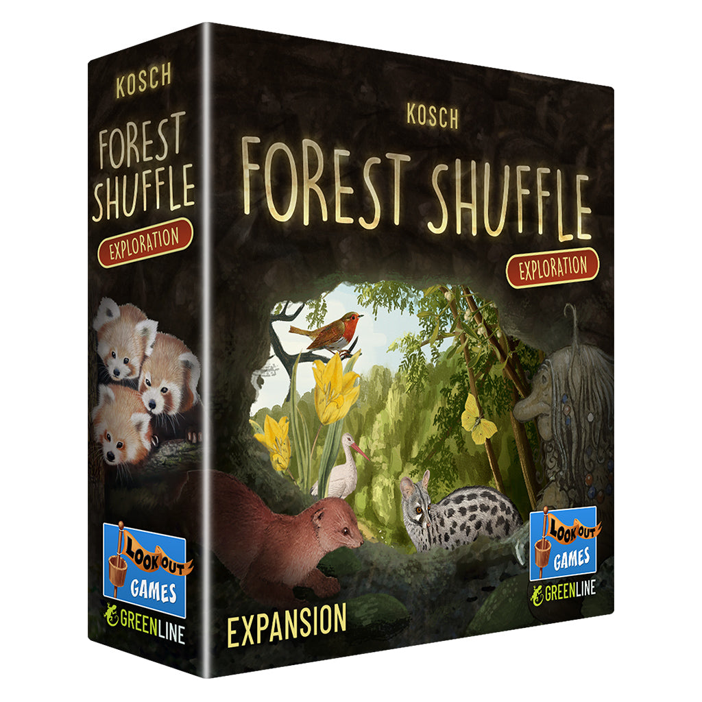 Game expansion box titled Forest Shuffle Exploration with wildlife illustrations.