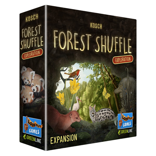 Game expansion box titled Forest Shuffle Exploration with wildlife illustrations.