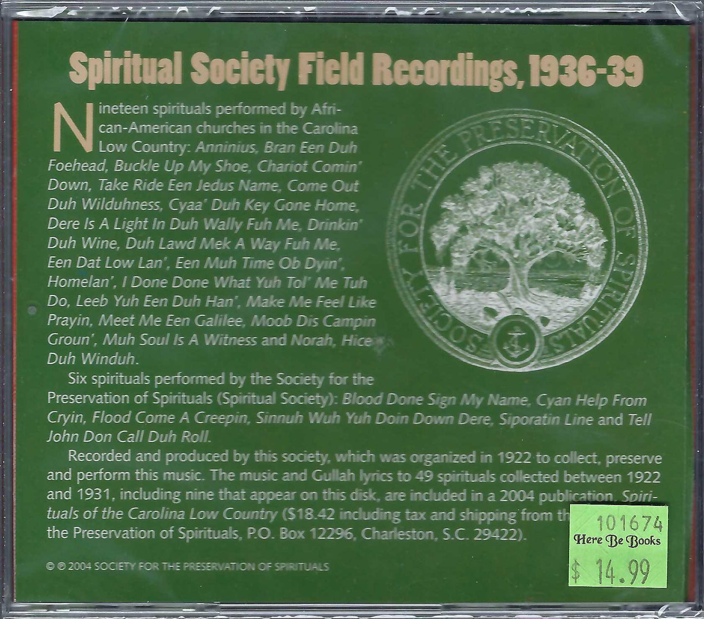 Spiritual Society Field Recordings back of CD case