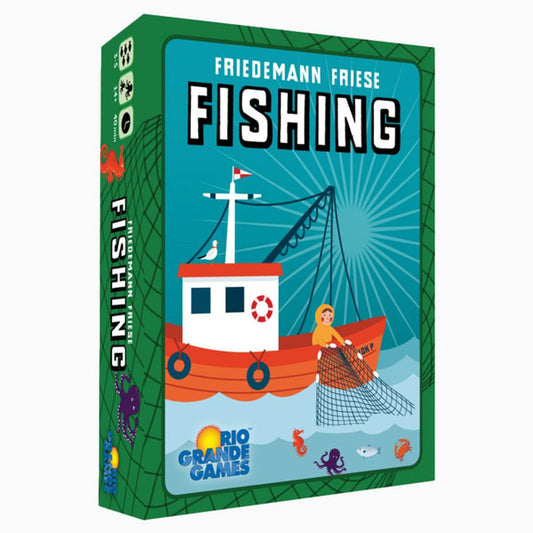 box for Fishing by Friedemann Friese with a colorful illustration of a fishing boat.