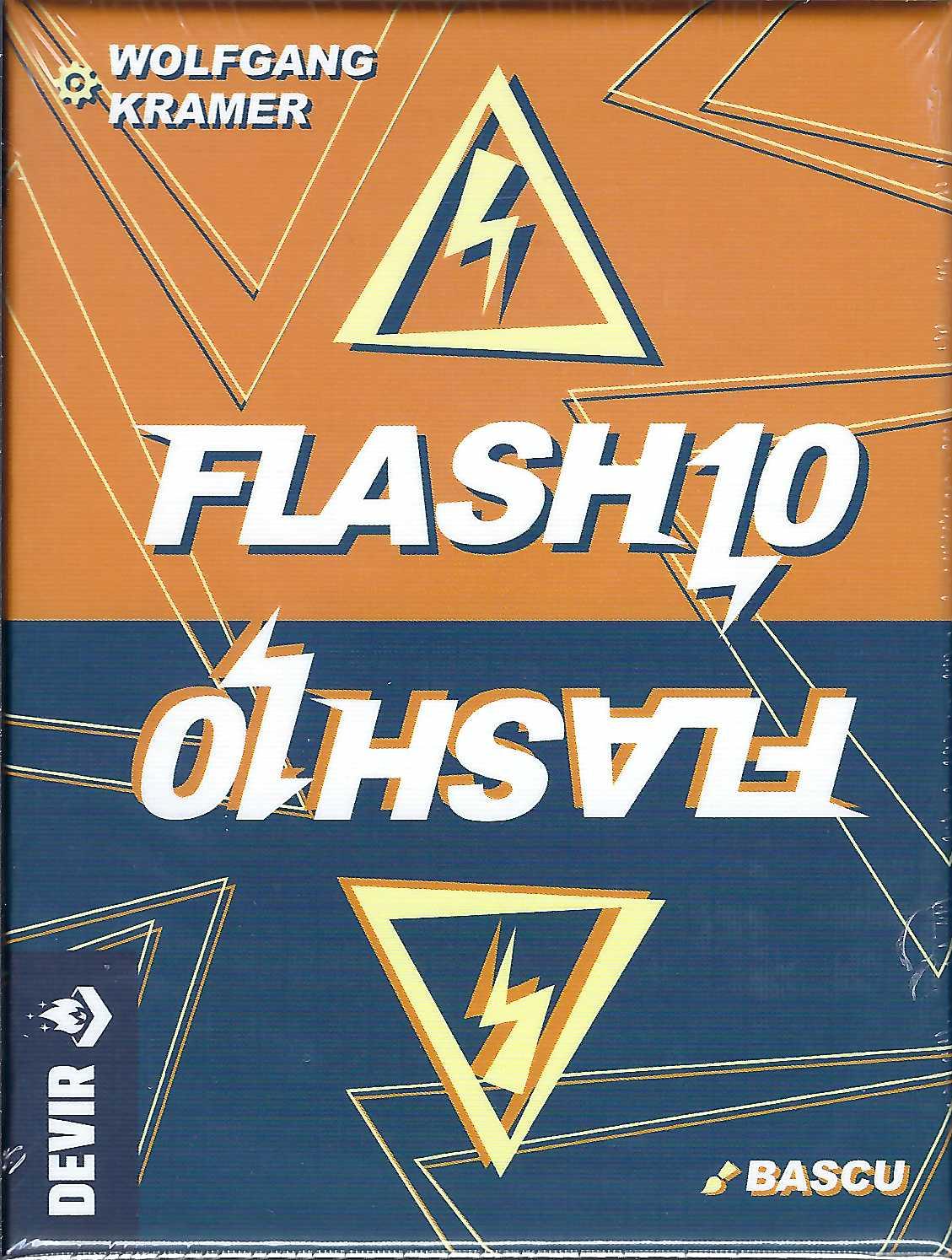 Wolfgang Kramer's Flash10 card game box with geometric design and branding on a blue and orange background.
