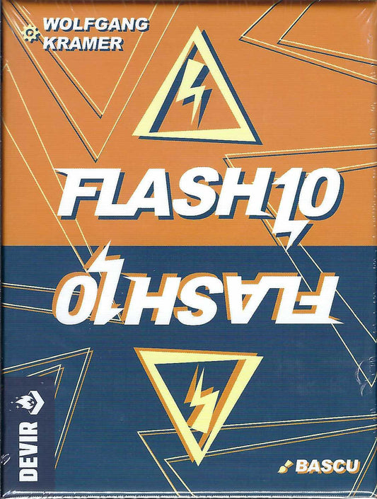 Wolfgang Kramer's Flash10 card game box with geometric design and branding on a blue and orange background.