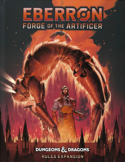 Dungeons & Dragons Eberron: Forge of the Artificer rules expansion book cover with a person and a large mechanical creature in the foreground.