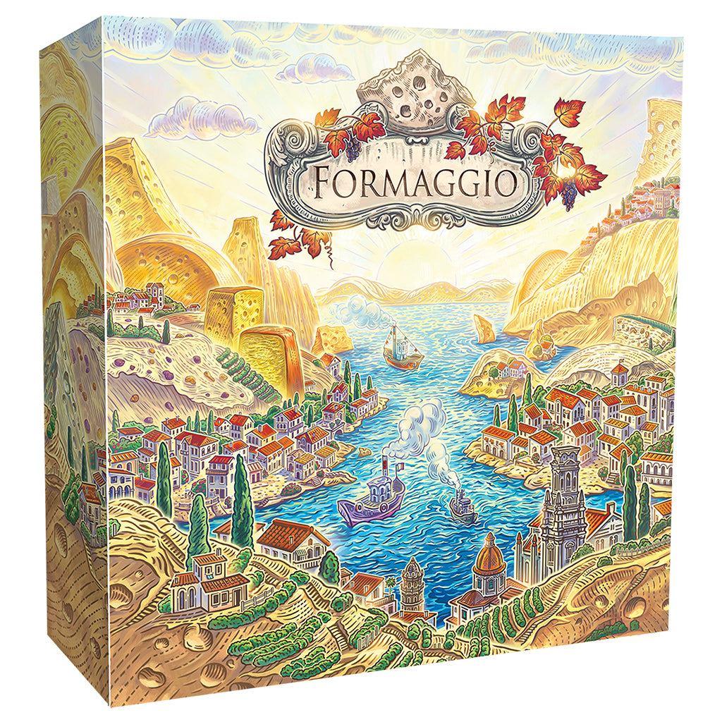Formaggio game box with a scenic Italian village and sea design.