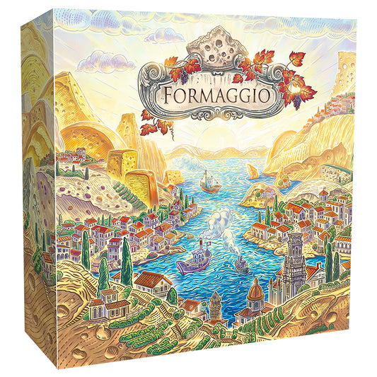 Formaggio game box with a scenic Italian village and sea design.