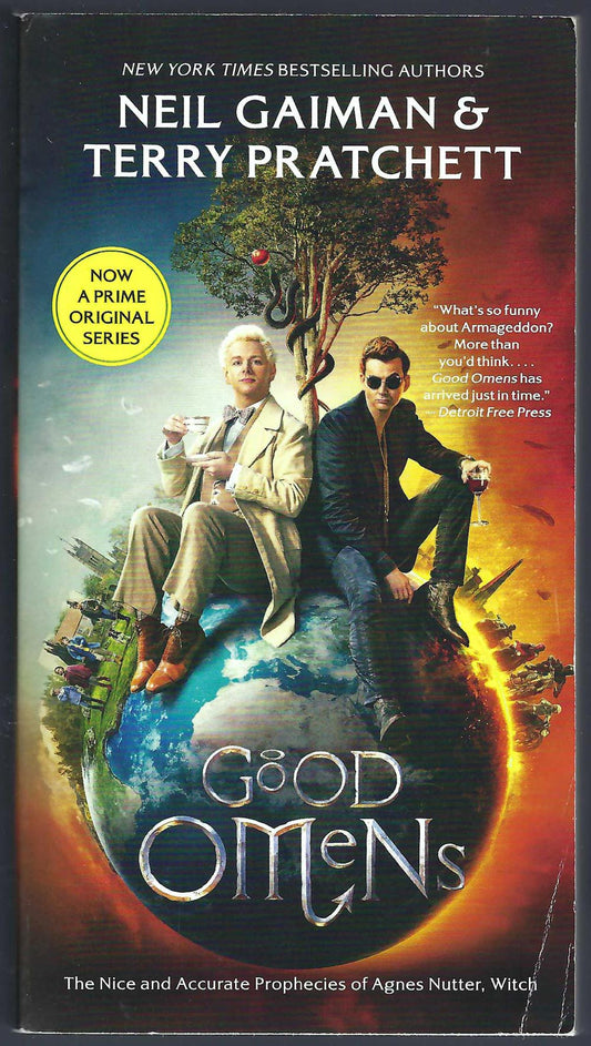 Front cover of Good Omens by Neil Gaiman and Terry Pratchett, featuring two characters sitting on a globe.