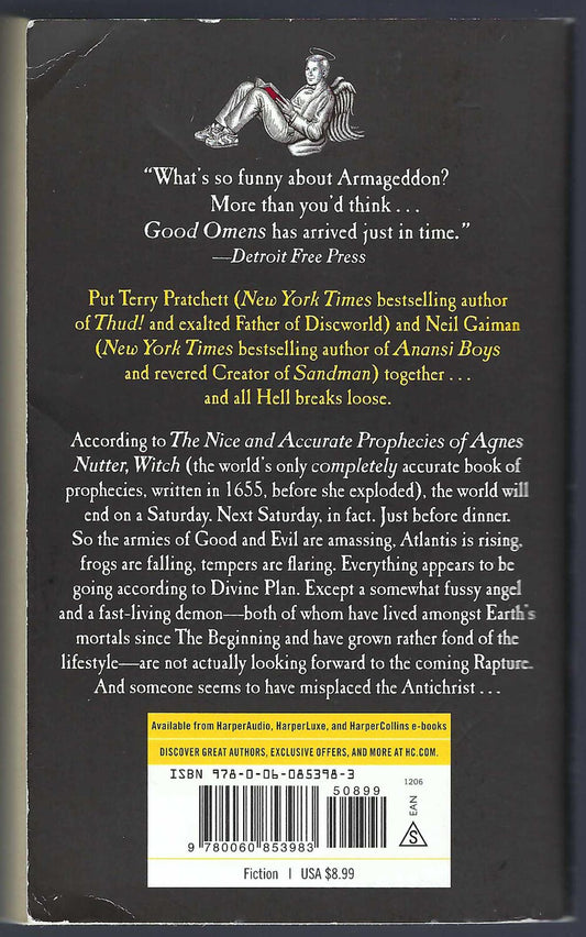 Back cover of Good Omens by Neil Gaiman and Terry Pratchett