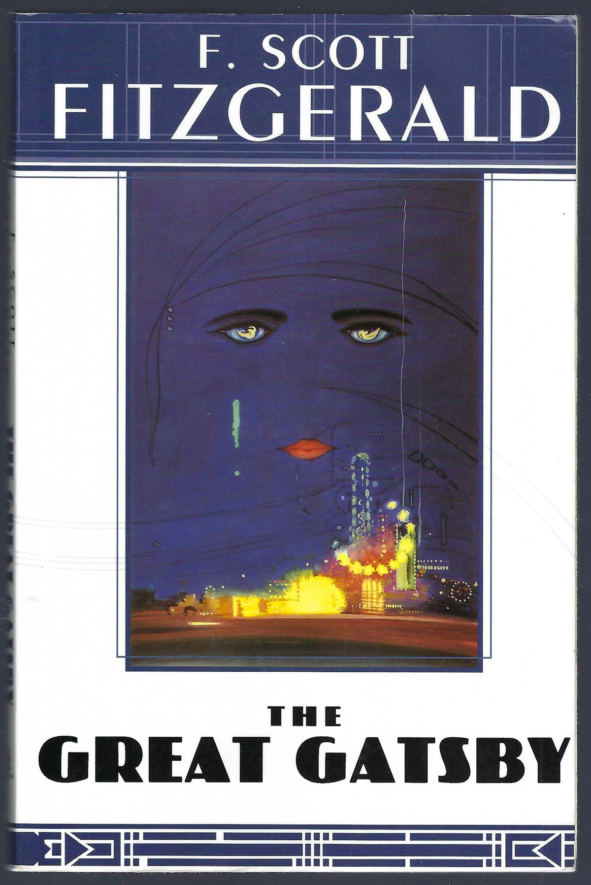 Front cover of The Great Gatsby by F. Scott Fitzgerald with a stylized face and cityscape.