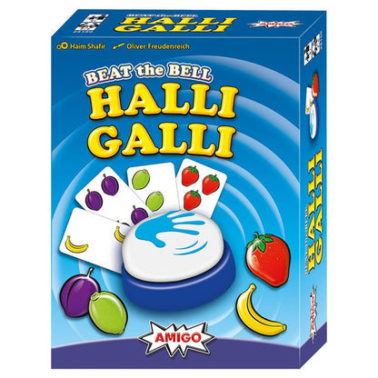 Halli Galli game box with colorful design and fruit illustrations on a blue background