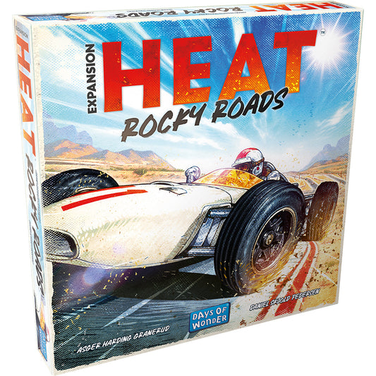 Front of Heat Rocky Roads game box with a racing car on a desert road.