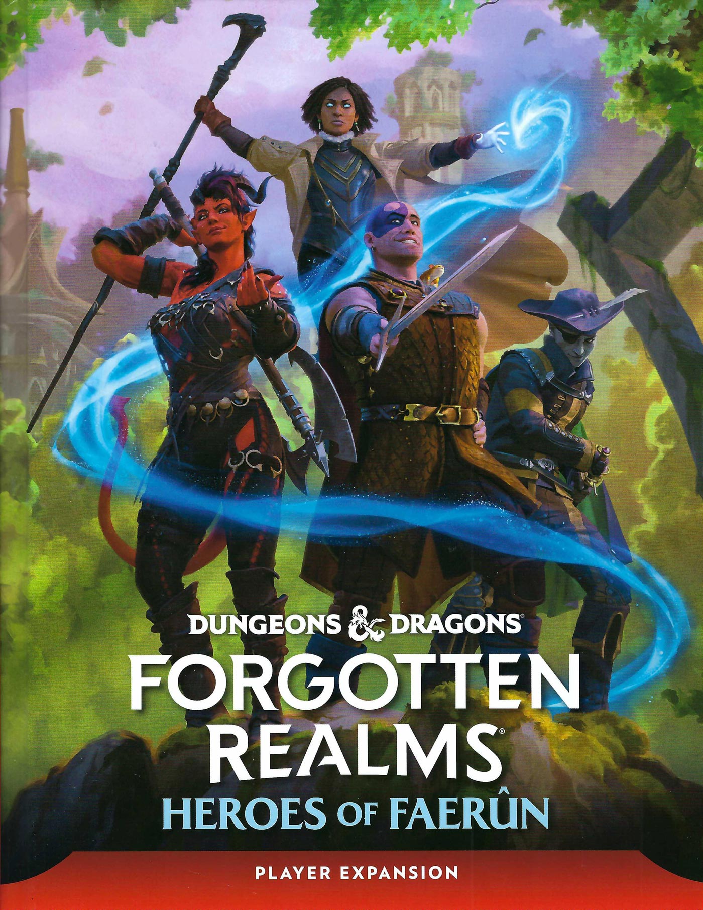 Front cover of Dungeons & Dragons Forgotten Realms: Heroes of Faerun with characters in a wooded setting.